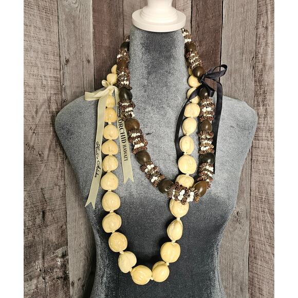 Hawaiian Kukui Nut Lei Necklace Brown Black Aloha Luau Gift Bundle Lot Vintage - Picture 1 of 5